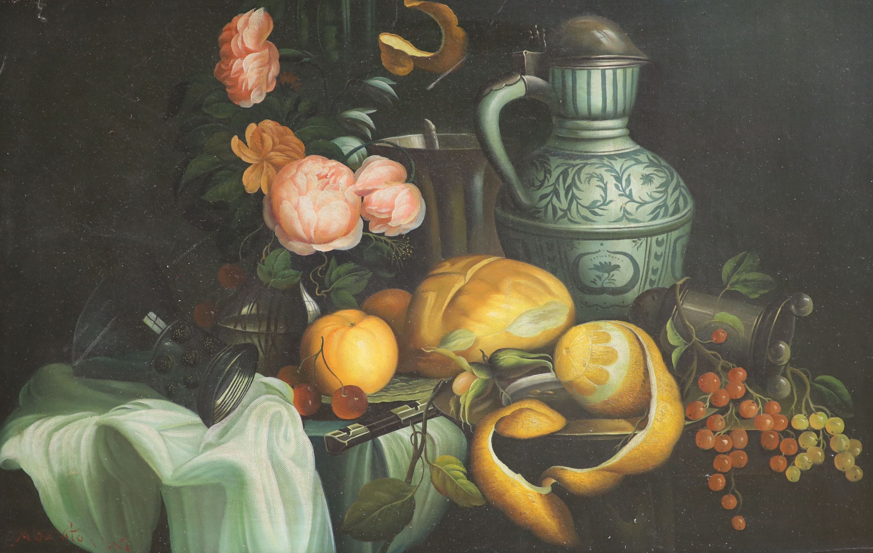 A modern oil on canvas board, Still life with fruit and flowers, indistinctly signed, 40 x 61cm